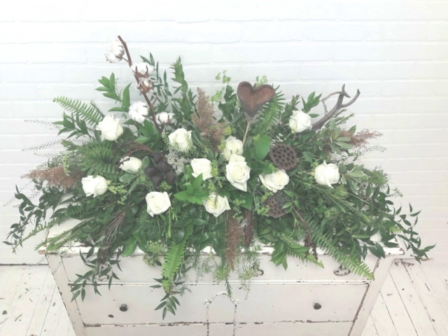 White and Natural Crescent Style Top Casket Spray