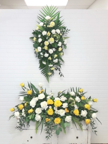 Yellow and White Angel Wing Style Casket Spray and Classic Standing Spray